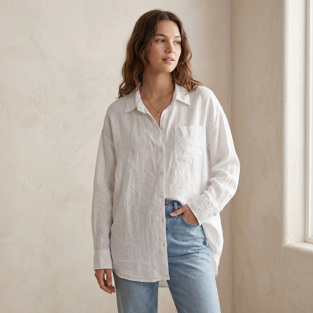 Aritzia Wilfred Womens Linen Top Large White Linen Button Down Oversized Coastal